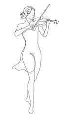 Silhouette of a beautiful woman with a violin in a modern continuous line style. Violinist girl, slender. Continuous line drawing, decor aesthetic outline, posters, stickers, logo. Vector illustration