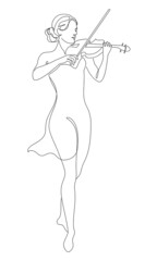 Silhouette of a beautiful woman with a violin in a modern continuous line style. Violinist girl, slender. Continuous line drawing, decor aesthetic outline, posters, stickers, logo. Vector illustration