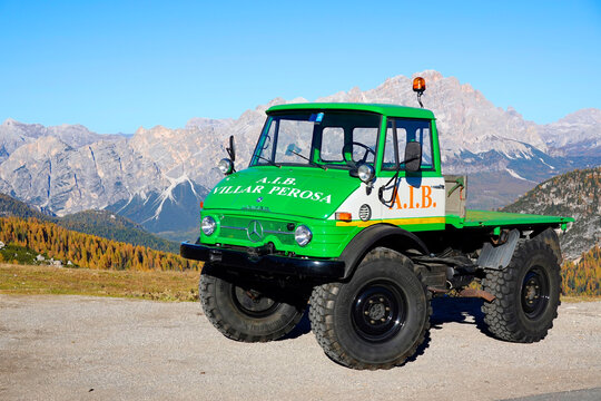 Unimog truck in Passo Giau, Dolomites, Italy, Europe