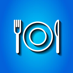 Restaurant, fork knife plate simple icon. Flat desing. White icon with shadow on blue background.ai