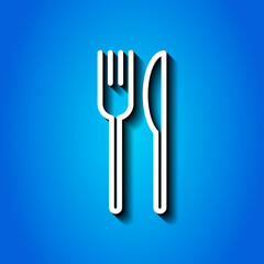 Restaurant, fork knife simple icon. Flat desing. White icon with shadow on blue background.ai