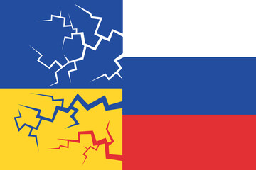 Conflict, clash and tension between Ukraine and Russia is leading to pressure, crack and collapse of Ukrainian state and country. War and Russian aggression, attack and assault. Vector illustration.