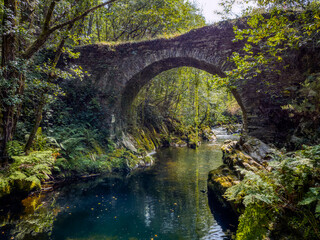Fototapeta na wymiar Ancient Roman bridge over the Polea river in Villayon, Asturias, Spain.