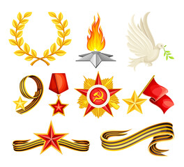 May 9 Russian holiday victory signs set. St. George Ribbon, Order of the Great Patriotic War, laurel wreath, quenchless flame, medal vector illustration