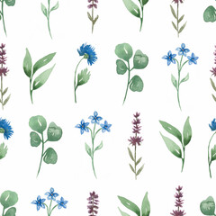Wildflowers Seamless Pattern, Watercolor Herbs paper, Meadow flowers endless paper, lavender repeat pattern, floral printing design