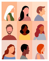 Group of working people, various men and women, avatar icons. Vector illustration of flat design people.