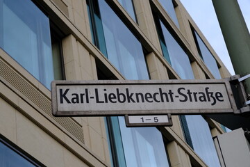 Karl Liebknecht Straße street sign. Karl-Liebknecht-Straße is a major street in the central Mitte...