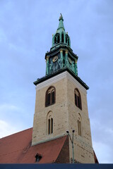 Fototapeta na wymiar Marienkirche bell tower, Berlin, Germany. St. Mary's Church, known in German as the Marienkirche, is a church in central Berlin, located on Karl-Liebknecht-Strasse, near Alexanderplatz