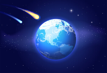 Beautiful planet Earth from space. The comet flies in outer space and approaches the Earth