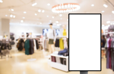 White Blank digital signage advertising board mock up on blurred shopping mall