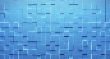 Wall of blue illuminated blocks background. 3d rendering