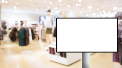 White Blank digital signage advertising board mock up on blurred shopping mall