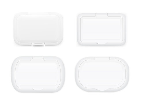 Wet wipe covers for wet wipes packaging set. Realistic front view. Vector template for your design. EPS10.