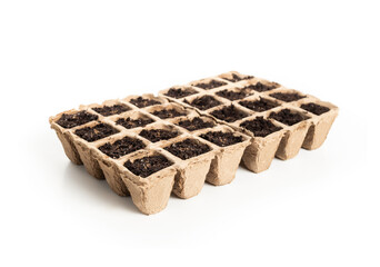Seed starter pot tray with celery seeds in potting soil. Biodegradable paper plant starter kit for windowsill or greenhouse. Tango celery seeds known as Apium graveolens. Selective focus. Isolated.
