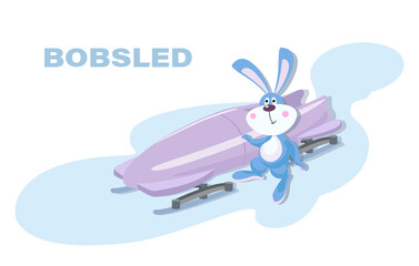 Bobsled. Cute bunny sportsmen. Bobsleigh sled race athlete winter sport. Bobsleigh competition vector flat design illustration, can be used for kids or babies shirt designs. Vector illustration
