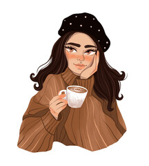 Cute girl in a black beret and brown sweater with a cup of coffee. Illustration on white isolated background - 483814718
