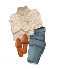 A set of clothes. Beige sweater, blue jeans, brown shoes, basic wear, casual wear. Illustration on white isolated background - 483814719