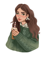 Cute girl in a green sweater with a cup of coffee. Illustration on white isolated background - 483814721