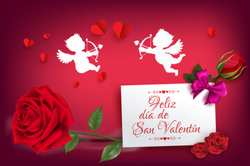 tarjeta o pancarta para un feliz Día de San Valentín en rojo en un rectángulo blanco sobre un fondo degradado rojo con ángeles, corazones y rosas rojas - obrazy, fototapety, plakaty