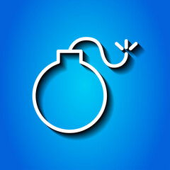 Bomb simple icon. Flat desing. White icon with shadow on blue background.ai