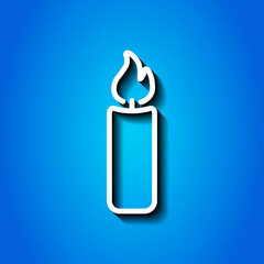 Candle simple icon. Flat desing. White icon with shadow on blue background.ai