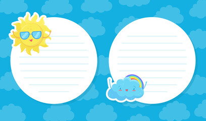 Naklejka premium Notebook, card, notes, stickers page template with weather forecast signs. Lined notepad, diary paper vector illustration