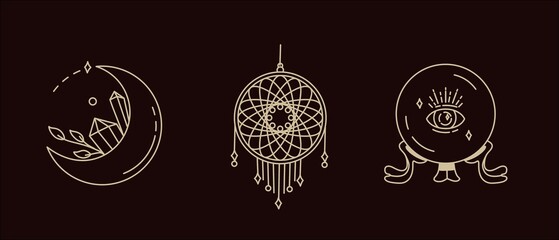 Fototapeta premium Magical symbols set of doodles esoteric boho mystical hand-drawn elements stone crystals. In gold color on a black background. Magical vector elements