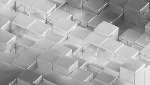 Abstract white gray grey silver metallic Cubes Background. Metal cube pattern wall. 3D rendering. Projection Mapping element with moving cubic surface. 4k Seamless loop