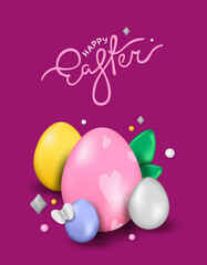 Easter day design. Realistic Easter eggs on a lilac background. Holiday banner, web poster, flyer, stylish brochure, greeting card, cover. Vector Easter background