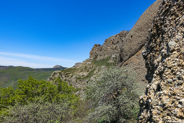 The Valley of Ghosts. Demerji. Green trees and bushes in the foreground. May 2021. Crimea.