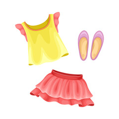 Summer clothes for girl set. Blouse, skirt and ballet shoes cartoon vector illustration