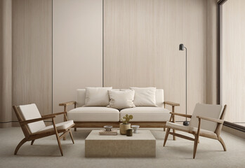 Wood tones living room in modern style with sofa,chair,lamp and wooden wall.3d rendering