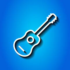 Guitar simple icon. Flat desing. White icon with shadow on blue background.ai