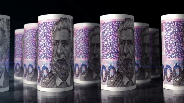 Croatia Kuna money rolls loop 3d animation. Camera moving in front of the HRK rolling banknotes. Seamless loopable concept of economy, finance, business and debt.