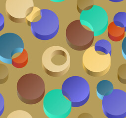 Abstract isometric 3D seamless pattern of multicolored intersecting circles. Vector illustration.