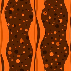 Abstract seamless background with vertical wavi stripes and dots in orange colors. Vector design.