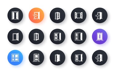 Entrance icons. Open door, Building entry, Emergency exit. Closed doorway, Doorframe, House entrance outicons. Door knob, home entry, building access. Interior gate, double door. Vector