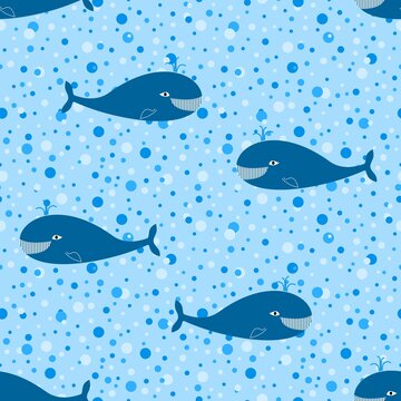 Seamless pattern with cheerful whales on background of blue bubbles. Vector image.