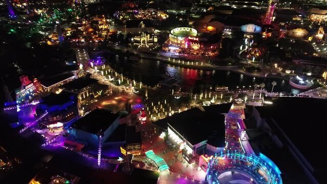 Night landscape of illumination attraction at amusement park at downtown Orlando United States. Night attraction at amusement park. Downtown Orlando Florida United States.