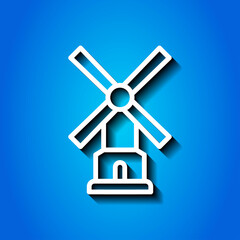 Mill simple icon. Flat desing. White icon with shadow on blue background.ai