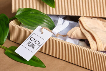 tag labeled co2 neutral and underwear in a corrugated cardboard box on a brown background, green leaves