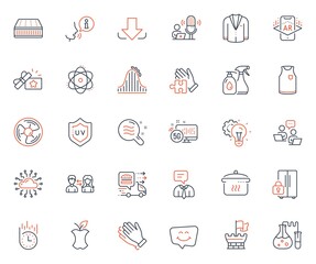 Business icons set. Included icon as People communication, Organic waste and Uv protection web elements. Cleaning liquids, Mattress, Clapping hands icons. Air fan, Boiling pan. Vector