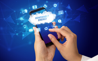 Hand using smartphone with cloud technology concept
