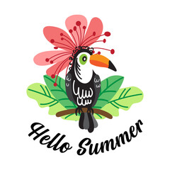 Hello summer card. Vector illustration of a bright tropical bird Toucan,  exotic flowers and palm leaves.