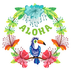 Aloha invitation design with toucan, exotic flowers and leaves. perfect for cards, invitations, posters, applying to a bag, t-shirt, mug.