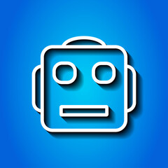 Robot simple icon. Flat desing. White icon with shadow on blue background.ai