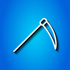 Scythe simple icon. Flat desing. White icon with shadow on blue background.ai
