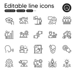 Set of People outline icons. Contains icons as Click hands, Medical mask and Video conference elements. Business growth, House security, Employees wealth web signs. Judge hammer. Vector