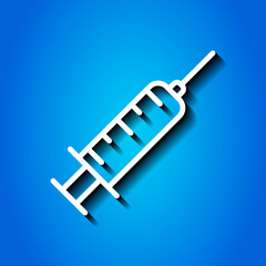 Syringe simple icon. Flat desing. White icon with shadow on blue background.ai