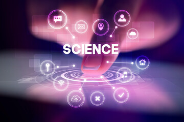 Finger touching tablet with web technology icons concept